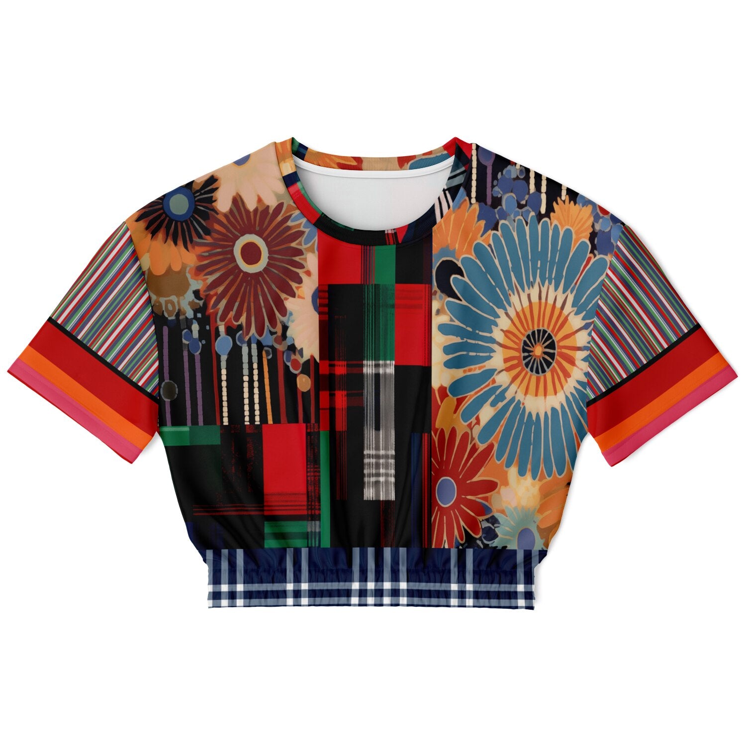 Haphazard Blue Floral Stripe Eco-Poly Short Sleeve Cropped Pullover