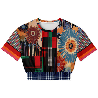 Haphazard Blue Floral Stripe Eco-Poly Short Sleeve Cropped Pullover