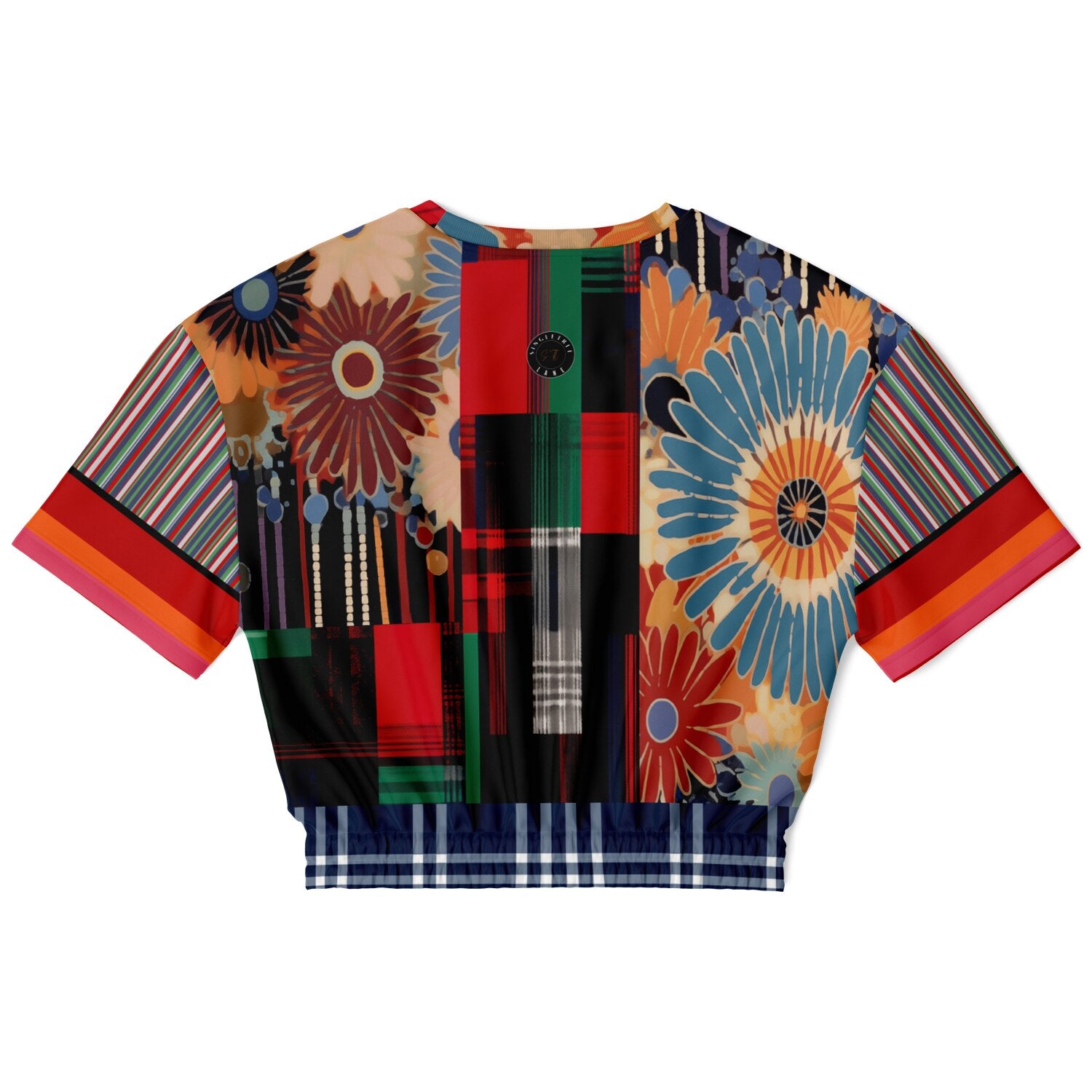 Haphazard Blue Floral Stripe Eco-Poly Short Sleeve Cropped Pullover