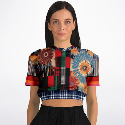 Haphazard Blue Floral Stripe Eco-Poly Short Sleeve Cropped Pullover