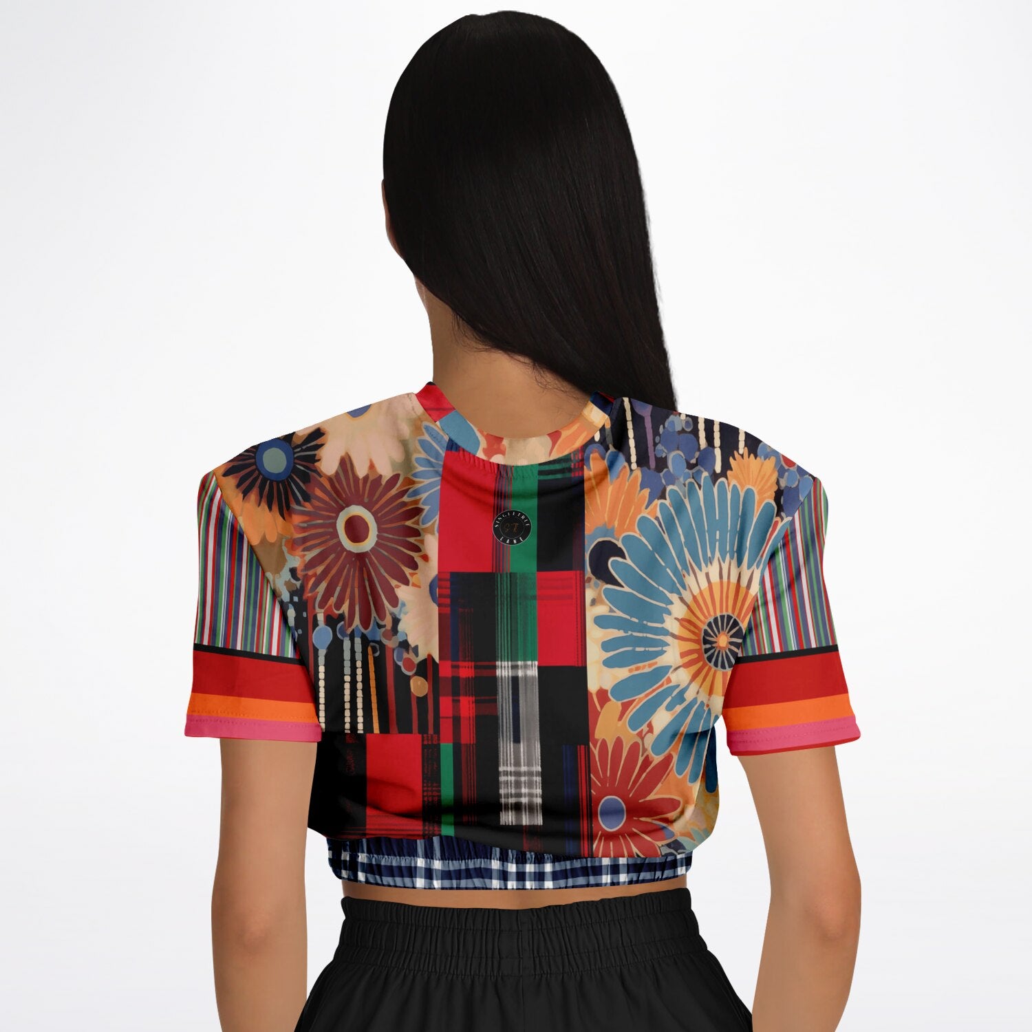 Haphazard Blue Floral Stripe Eco-Poly Short Sleeve Cropped Pullover