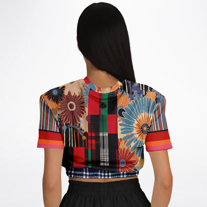 Haphazard Blue Floral Stripe Eco-Poly Short Sleeve Cropped Pullover