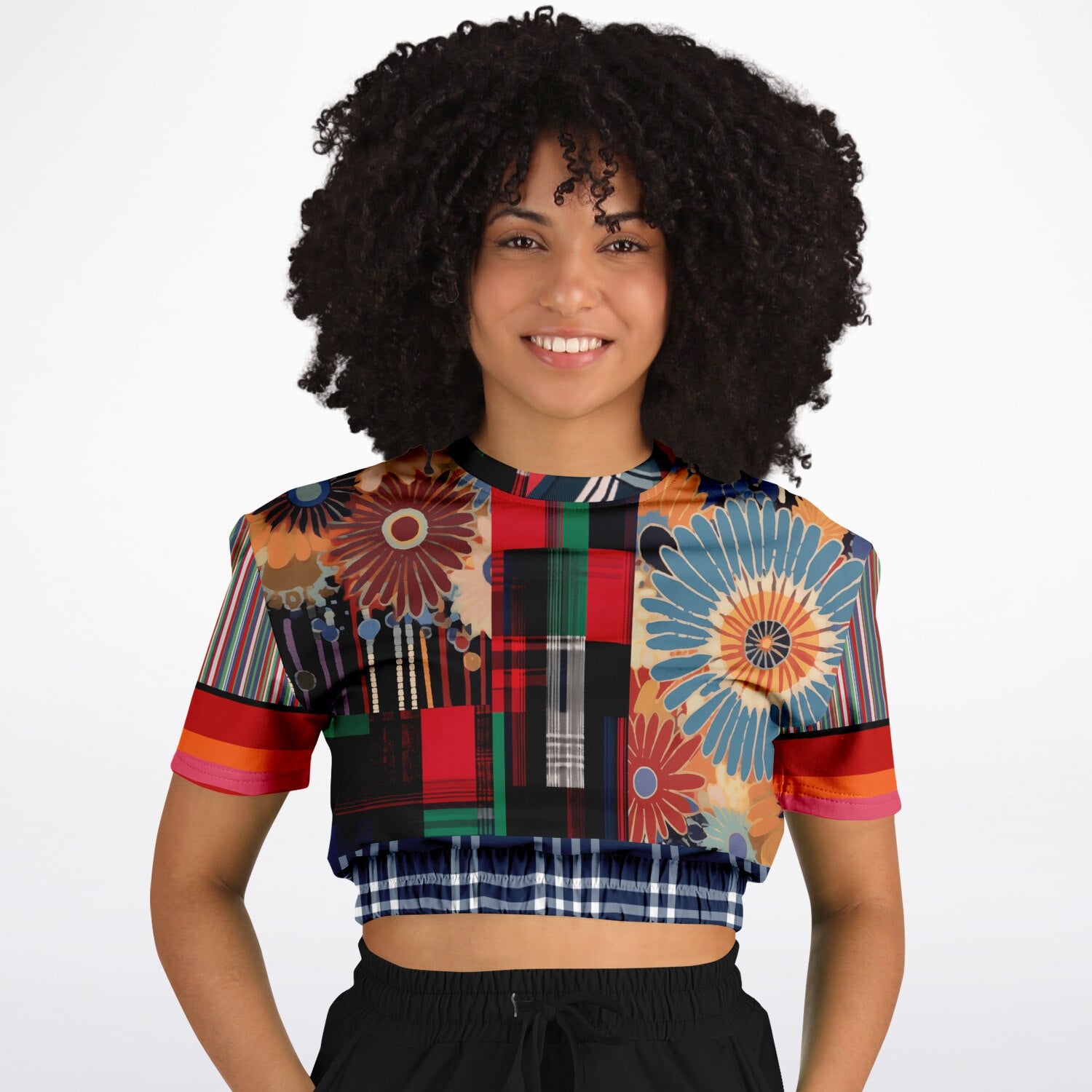 Haphazard Blue Floral Stripe Eco-Poly Short Sleeve Cropped Pullover