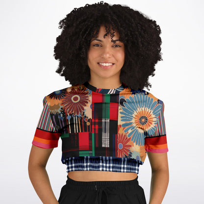 Haphazard Blue Floral Stripe Eco-Poly Short Sleeve Cropped Pullover