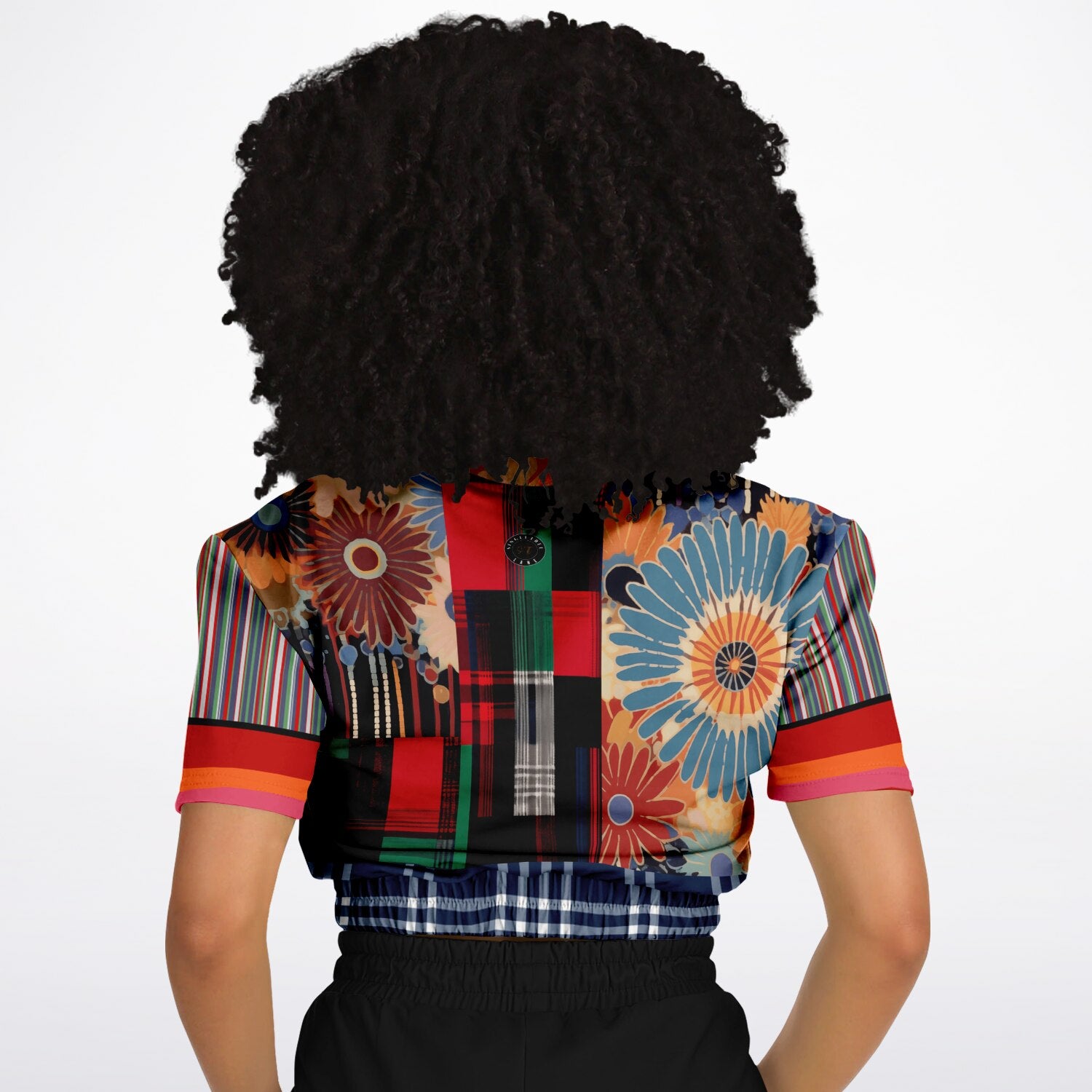 Haphazard Blue Floral Stripe Eco-Poly Short Sleeve Cropped Pullover