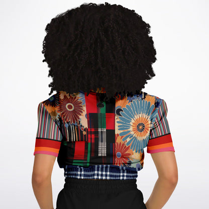 Haphazard Blue Floral Stripe Eco-Poly Short Sleeve Cropped Pullover