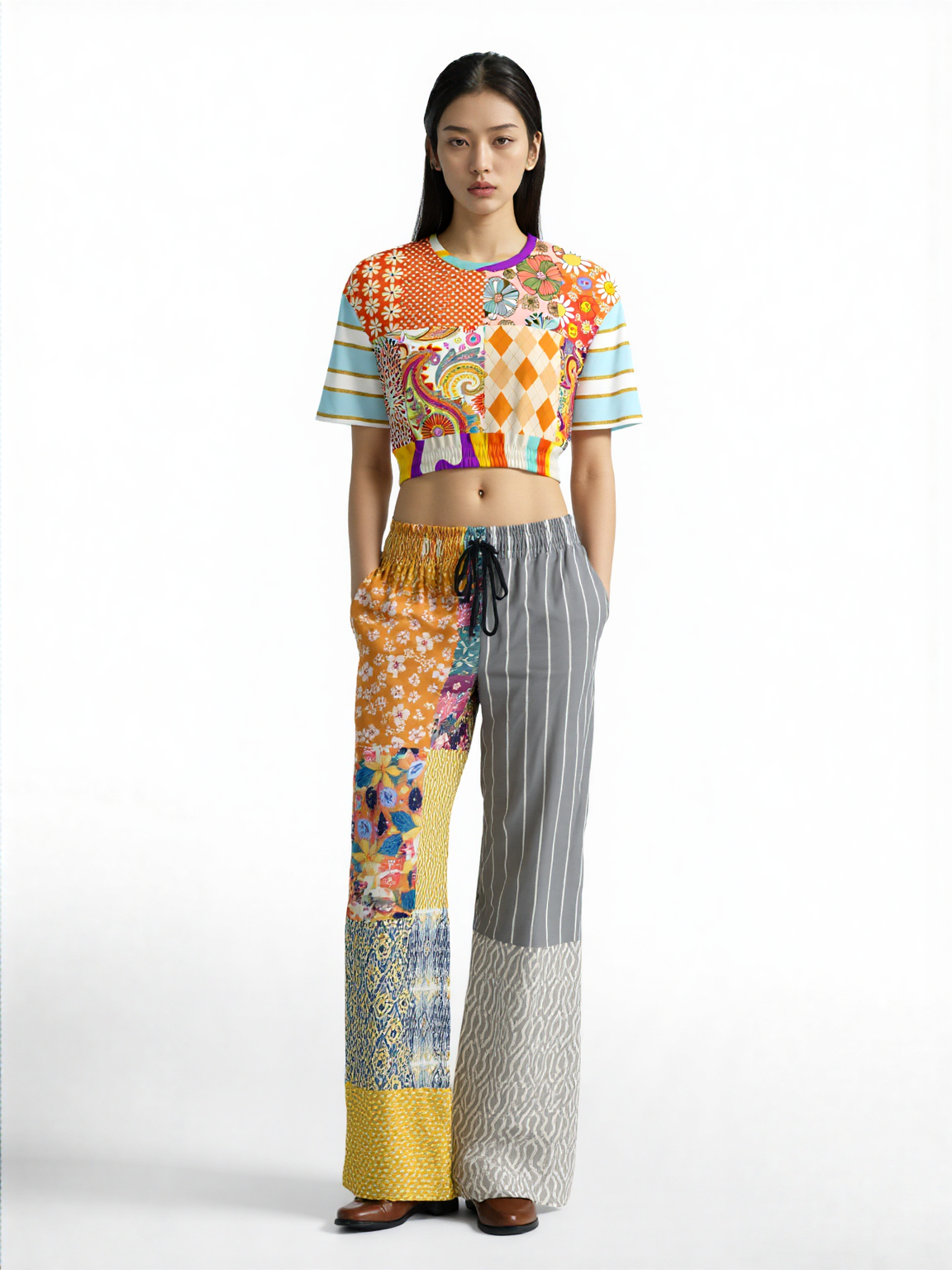 Happy Valley Retro Floral Patchwork Eco-Poly Short Sleeve Cropped Pullover