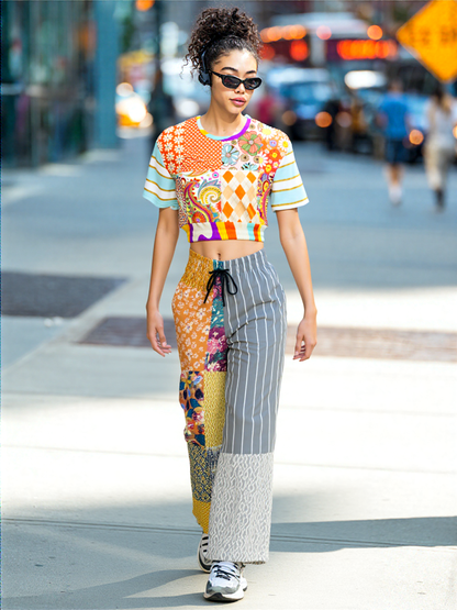 Happy Valley Retro Floral Patchwork Eco-Poly Short Sleeve Cropped Pullover