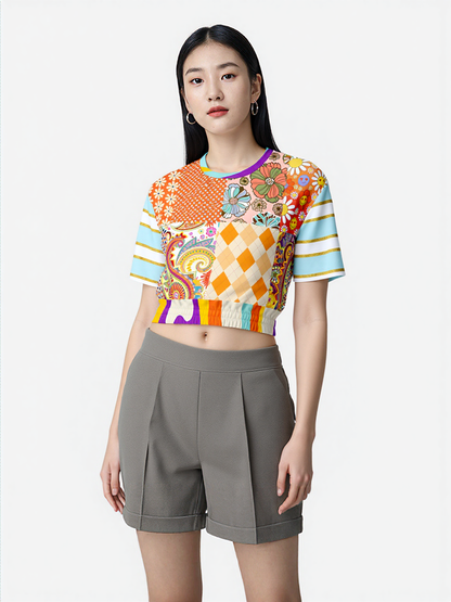Happy Valley Retro Floral Patchwork Eco-Poly Short Sleeve Cropped Pullover