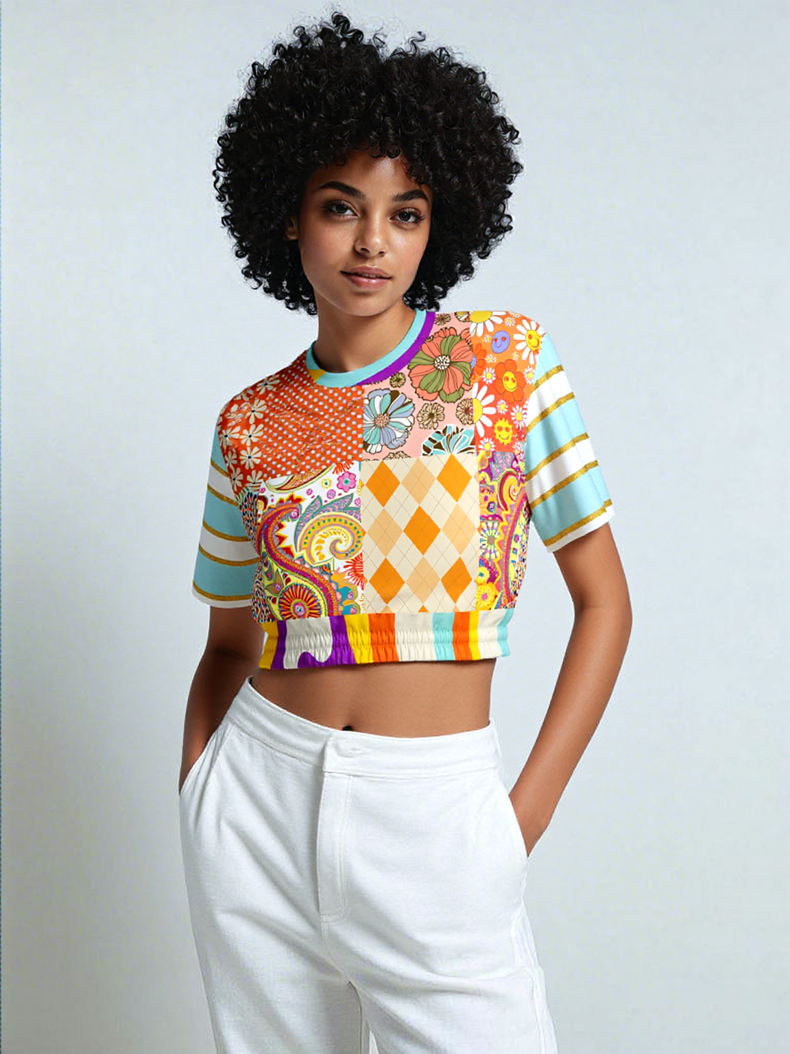 Happy Valley Retro Floral Patchwork Eco-Poly Short Sleeve Cropped Pullover