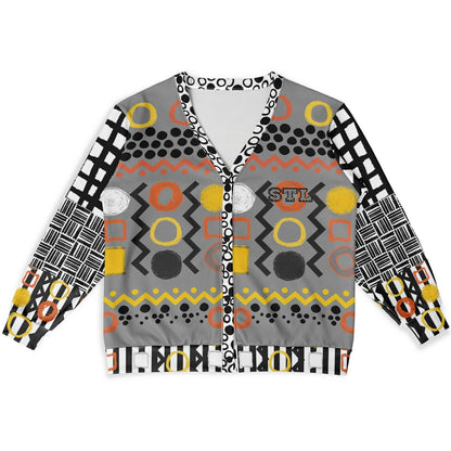 Black Stripe and Bright Geometric in Dark Grey Heavyweight Unisex Cardigan