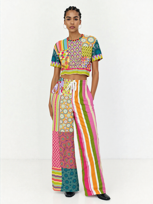 Hello Janis! Green Striped Patchwork Eco-Poly Wide Leg Pants
