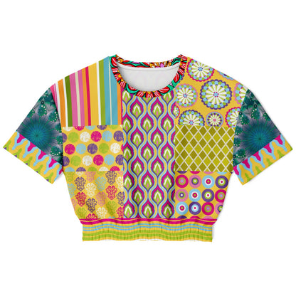 Hello Janis! Green Geo Print Short Sleeve Cropped Eco-Poly Sweater