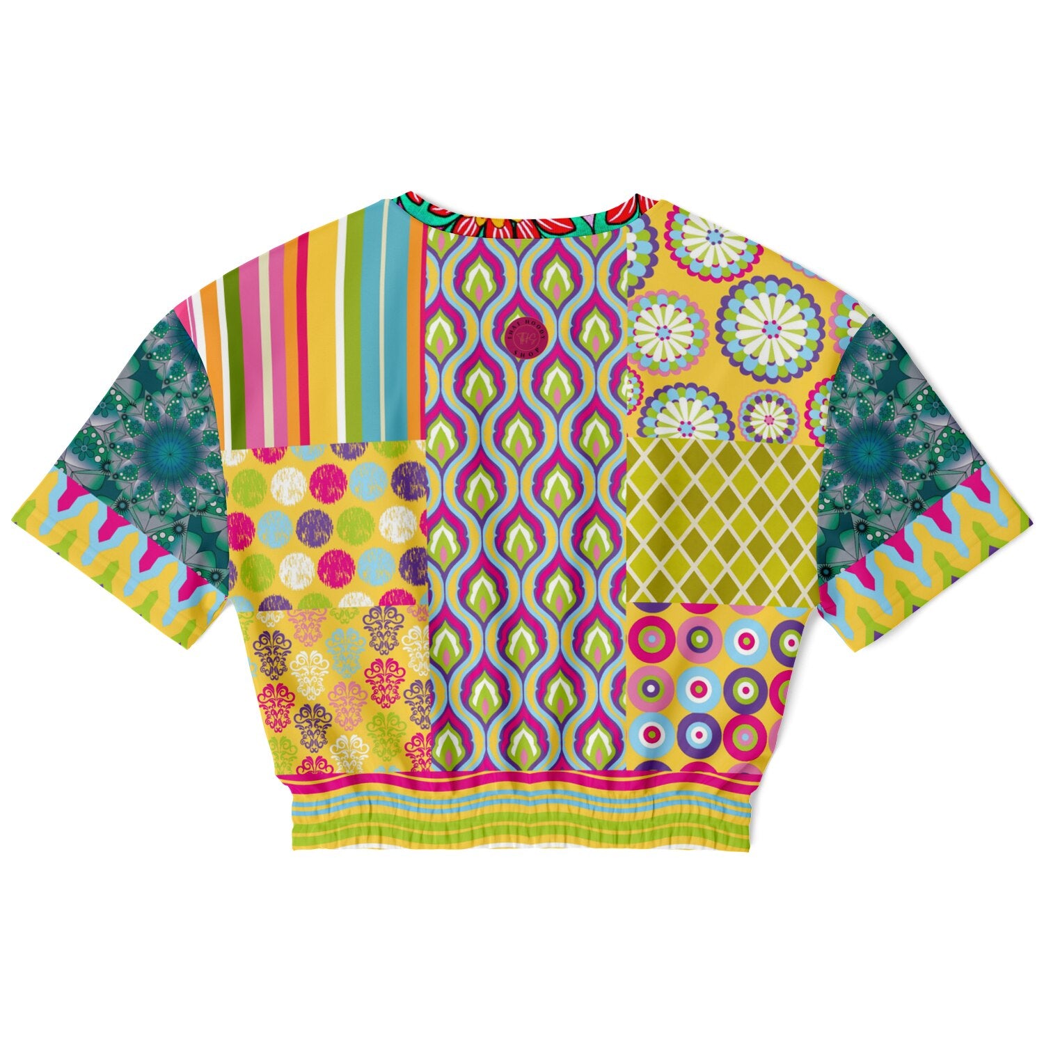 Hello Janis! Green Geo Print Short Sleeve Cropped Eco-Poly Sweater