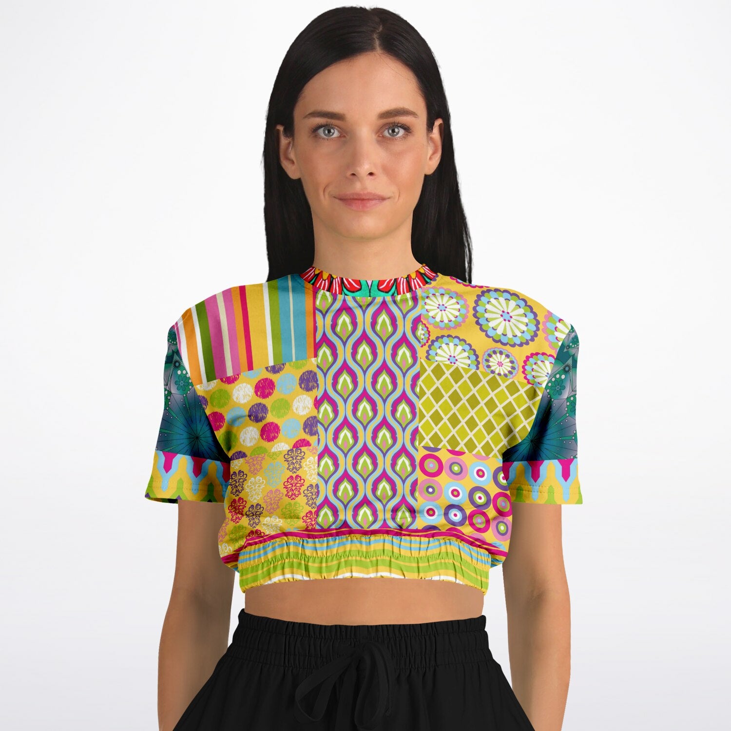 Hello Janis! Green Geo Print Short Sleeve Cropped Eco-Poly Sweater
