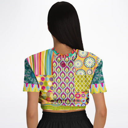 Hello Janis! Green Geo Print Short Sleeve Cropped Eco-Poly Sweater