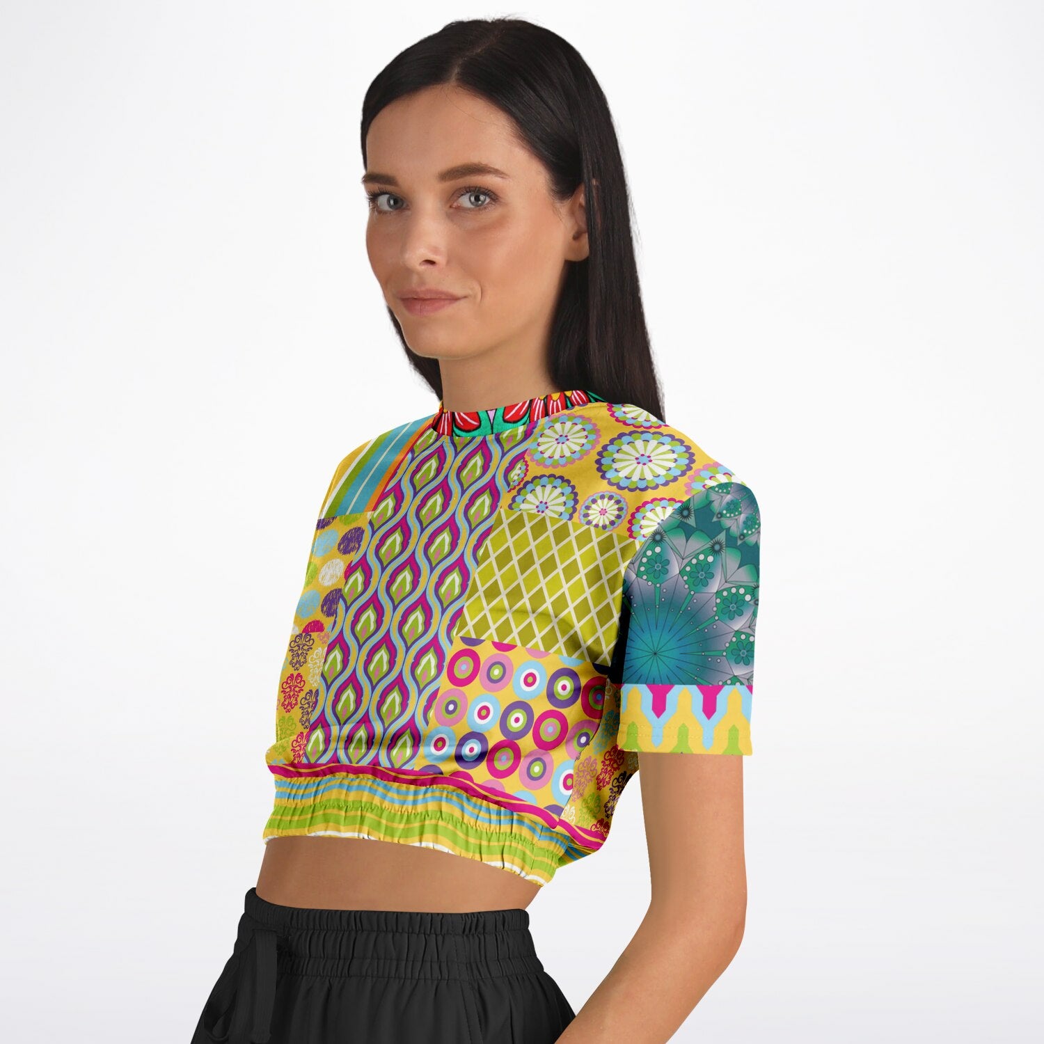 Hello Janis! Green Geo Print Short Sleeve Cropped Eco-Poly Sweater