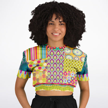 Hello Janis! Green Geo Print Short Sleeve Cropped Eco-Poly Sweater