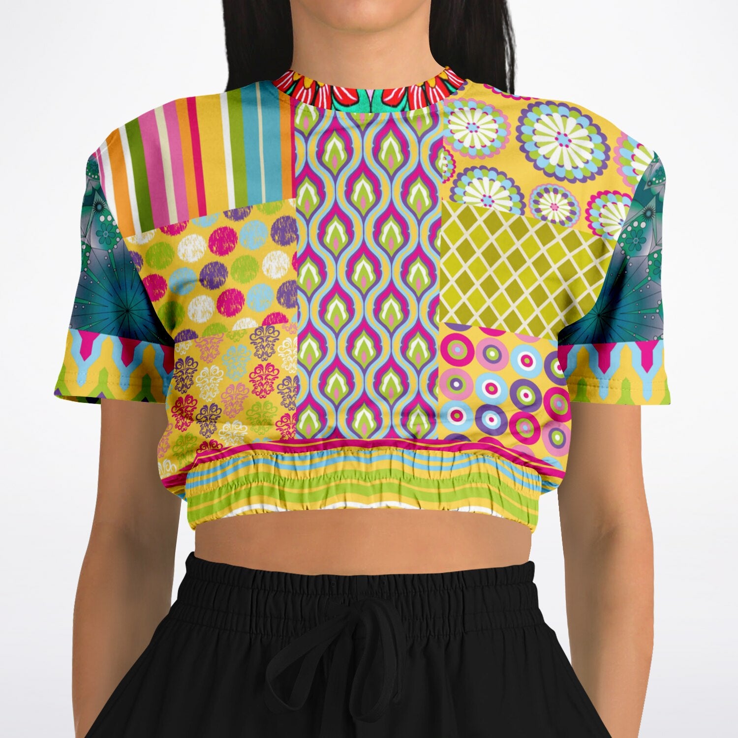 Hello Janis! Green Geo Print Short Sleeve Cropped Eco-Poly Sweater