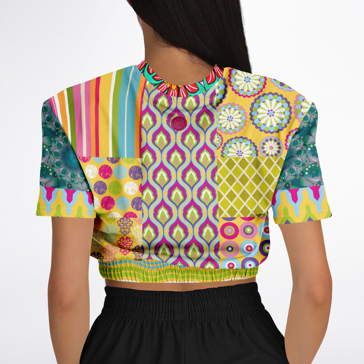 Hello Janis! Green Geo Print Short Sleeve Cropped Eco-Poly Sweater