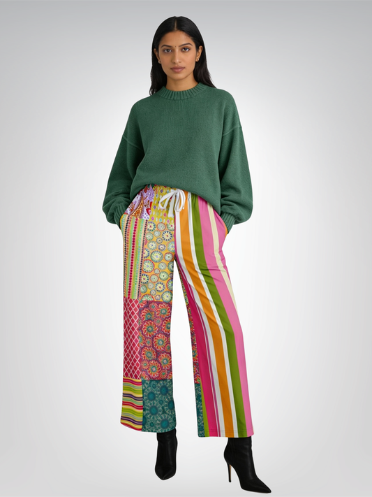 Hello Janis! Green Striped Patchwork Eco-Poly Wide Leg Pants