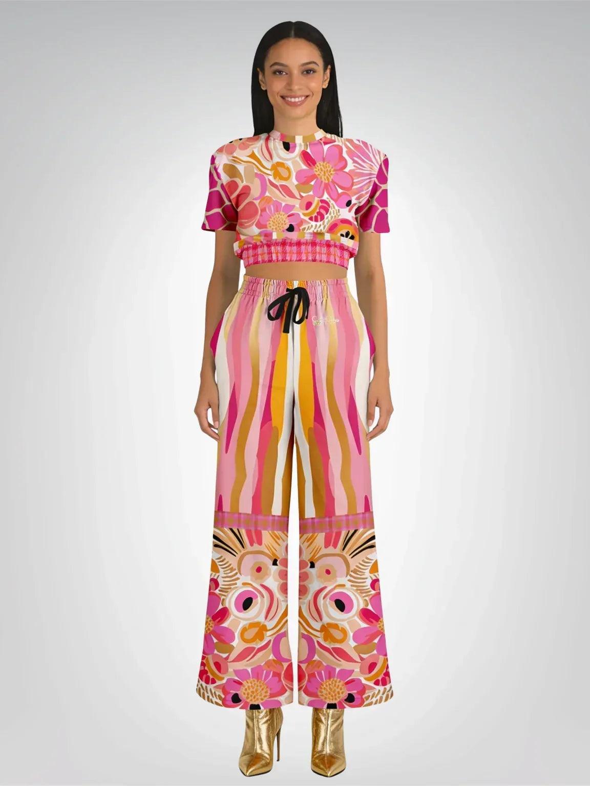 Hibiscus in the Desert Bloom Floral Stripe Eco-Poly Short Sleeve Cropped Pullover