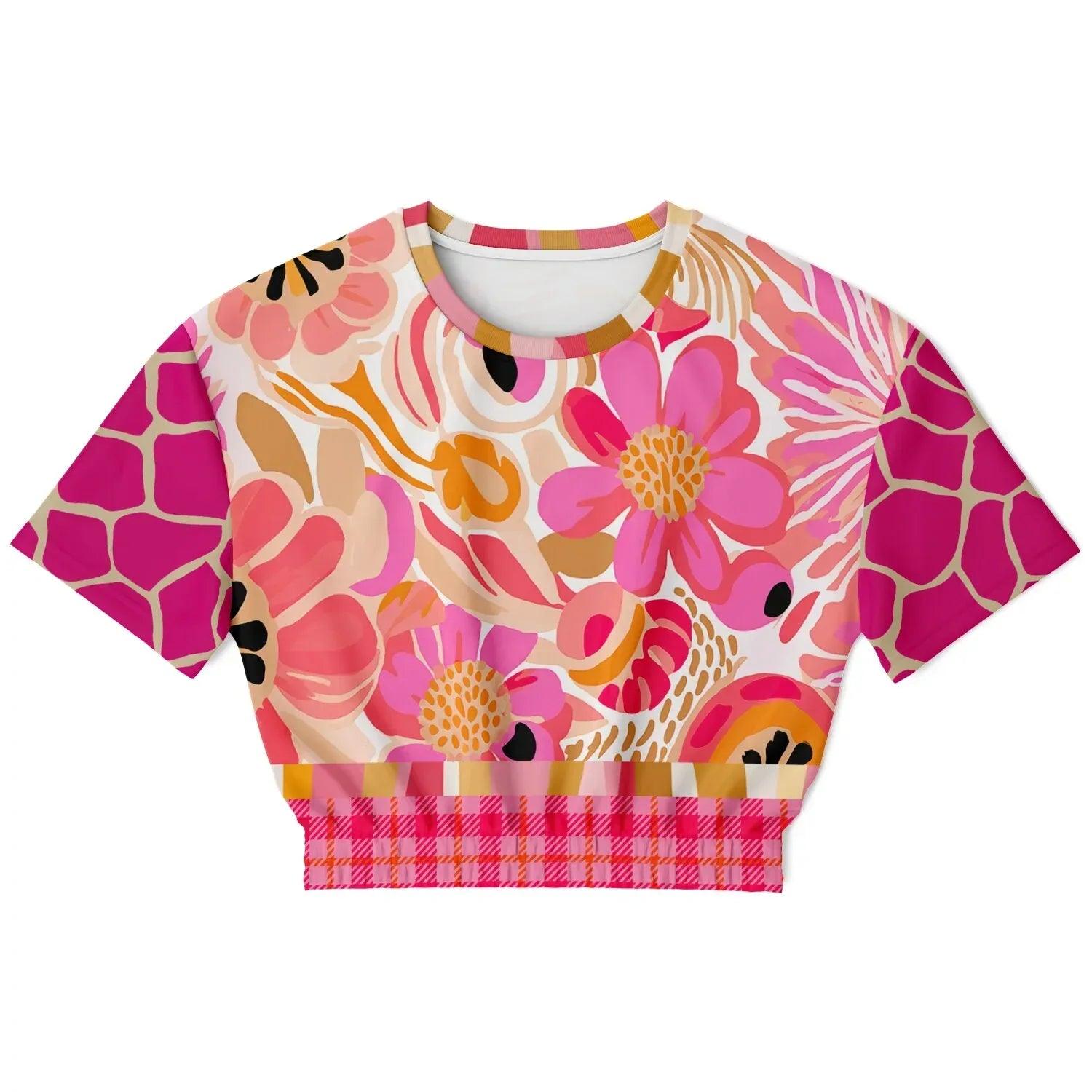 Hibiscus in the Desert Bloom Floral Stripe Eco-Poly Short Sleeve Cropped Pullover