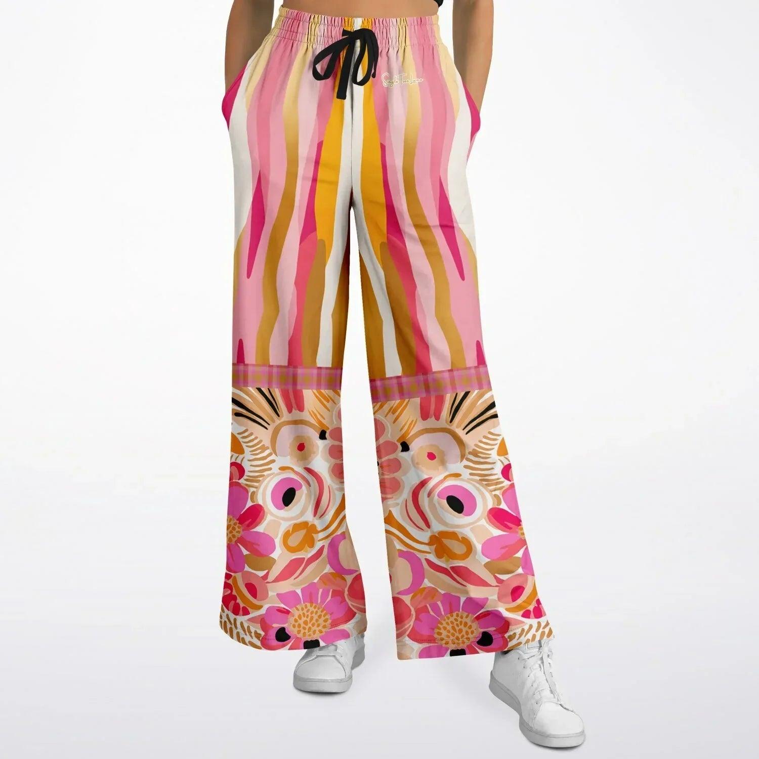 Hibiscus in the Desert Bloom Floral Stripe Eco-Poly Wide Leg Pants