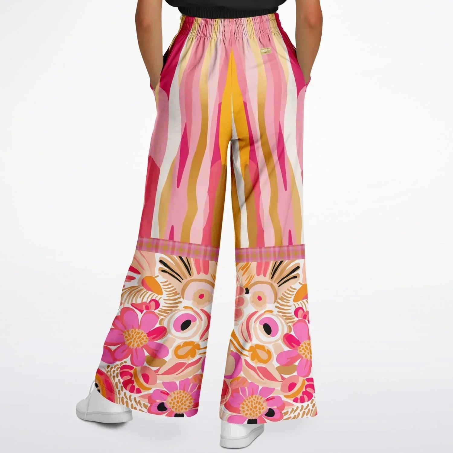 Hibiscus in the Desert Bloom Floral Stripe Eco-Poly Wide Leg Pants