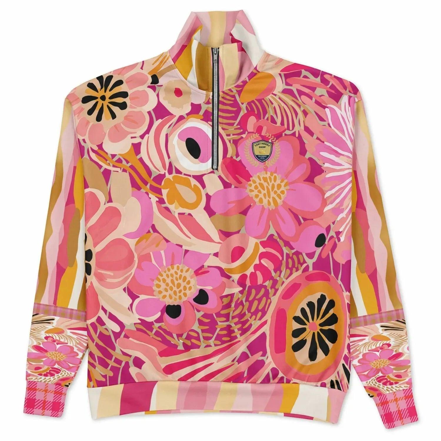 Hibiscus in the Desert Bloom Floral Stripe Heavyweight Oversized Quarter Zip Sweatshirt