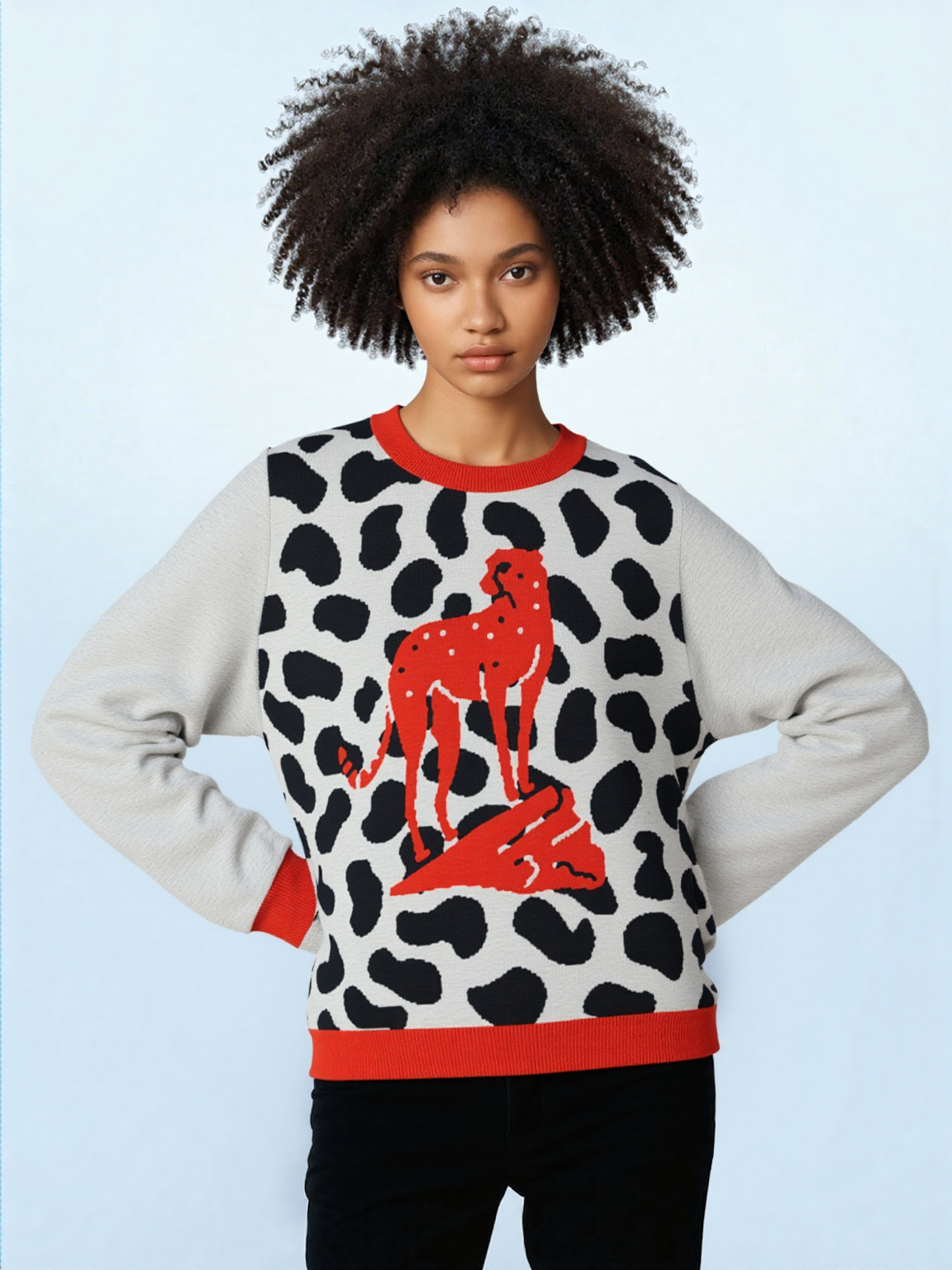 High on Leopard Savannah on Grey Plains Knitted Crewneck Sweater