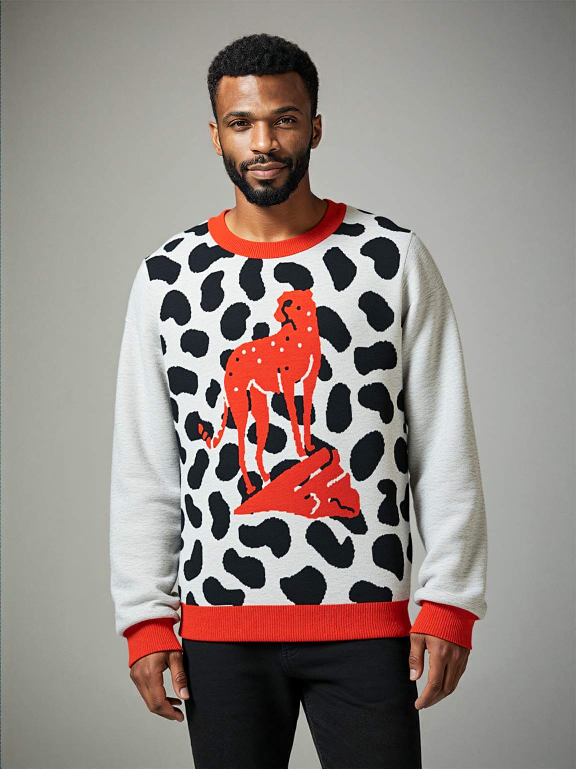 High on Leopard Savannah on Grey Plains Knitted Crewneck Sweater