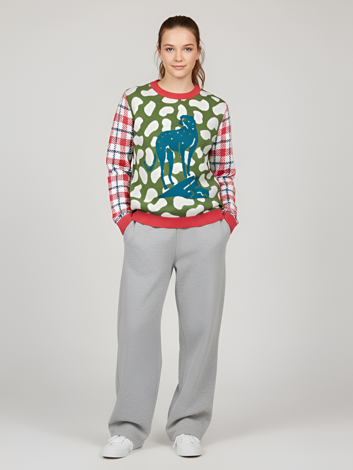 High on Leopard Savannah in Blue and Green Plains Knitted Crewneck Sweater