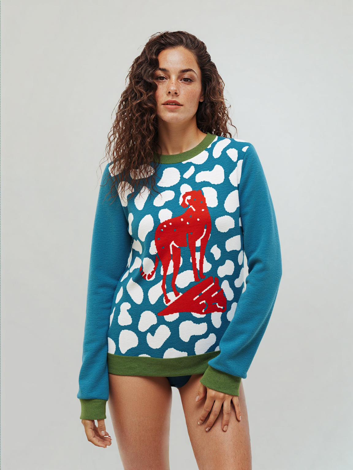 High on Leopard Savannah on Turquoise Plains Knitted Crewneck Sweater