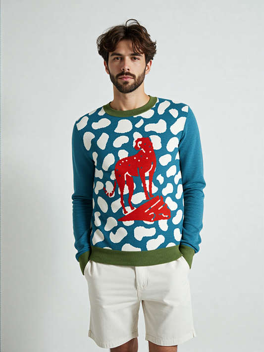 High on Leopard Savannah on Turquoise Plains Knitted Crewneck Sweater