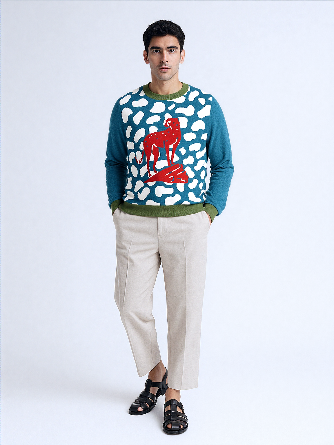 High on Leopard Savannah on Turquoise Plains Knitted Crewneck Sweater
