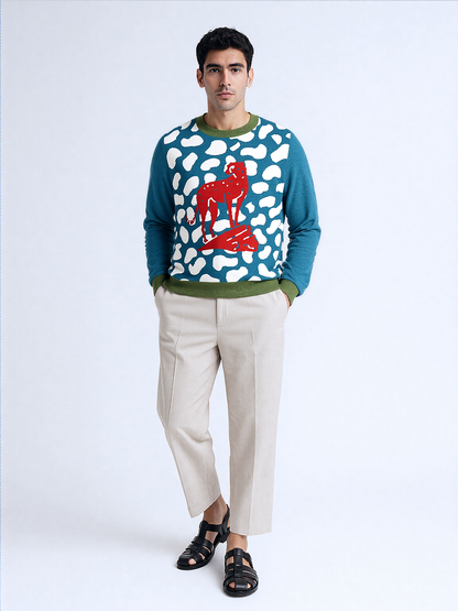 High on Leopard Savannah on Turquoise Plains Knitted Crewneck Sweater