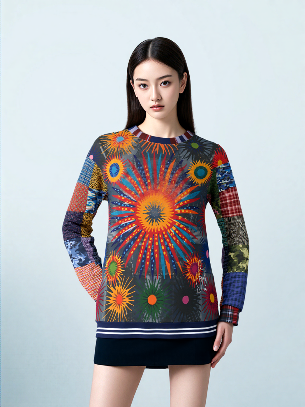 Hippie Sunburst in Denim Patchwork Unisex Sweatshirt (Gold Label)