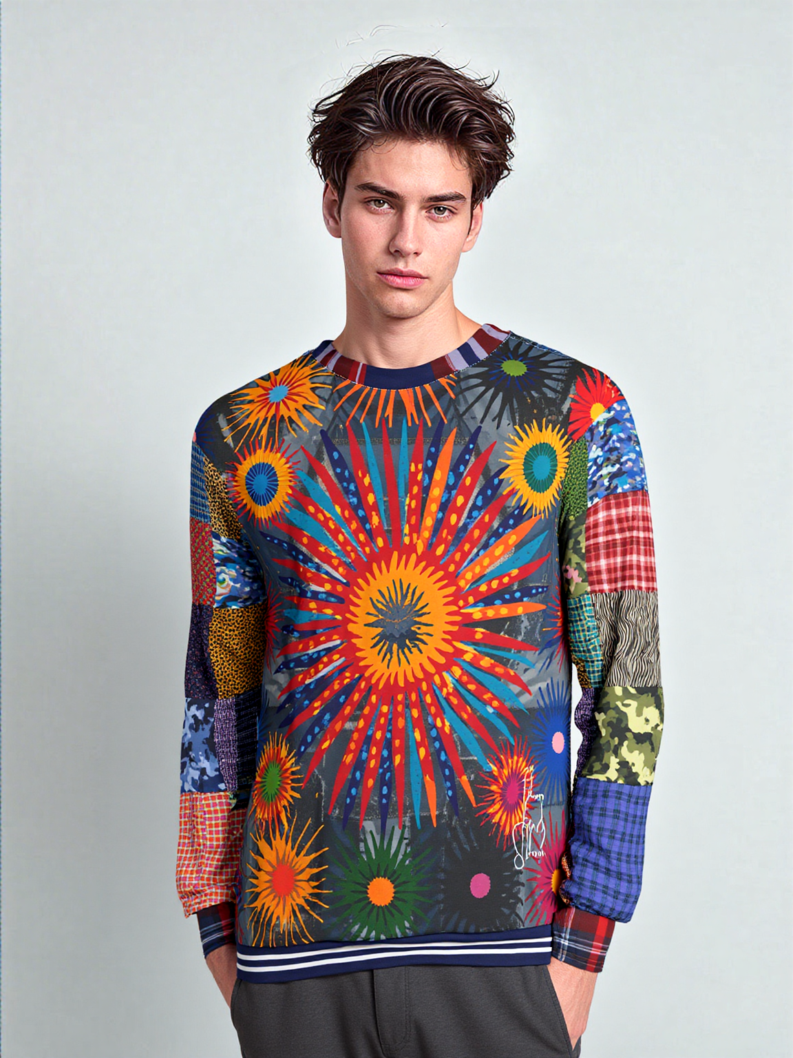 Hippie Sunburst in Denim Patchwork Unisex Sweatshirt (Gold Label)