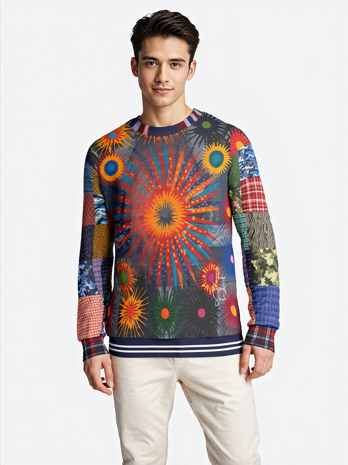 Hippie Sunburst in Denim Patchwork Unisex Sweatshirt (Gold Label)