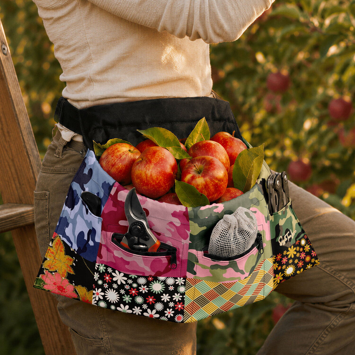 Hippie Woodstock Camo &amp; Floral Patchwork Garden Harvest Bag