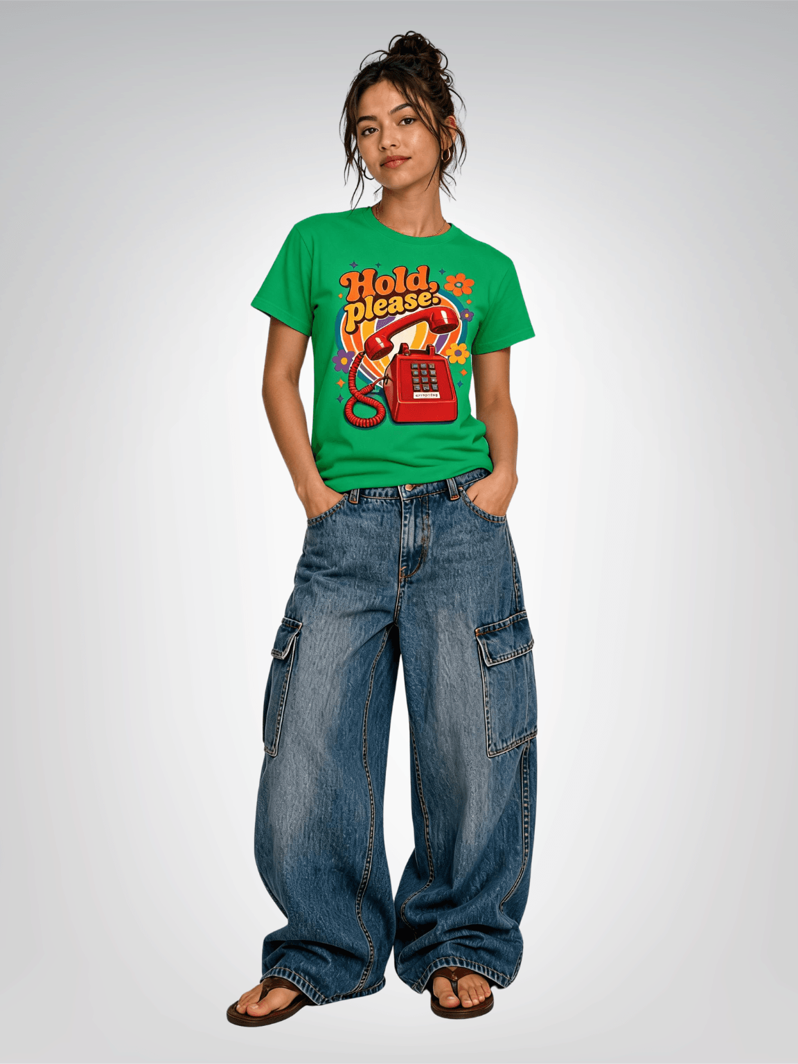 Hold Please - Retro Pushbutton Phone Heavyweight Unisex Tee