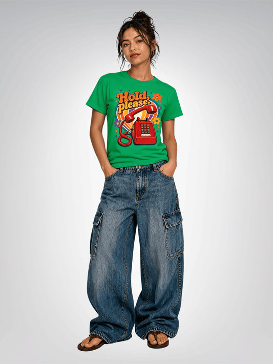 Hold Please - Retro Pushbutton Phone Heavyweight Unisex Tee