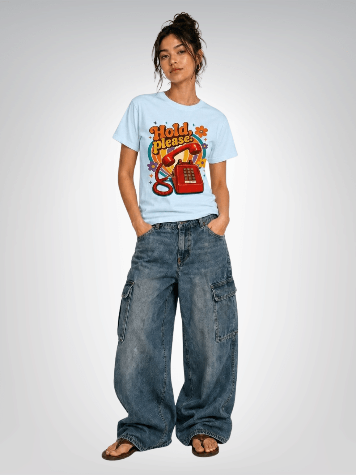 Hold Please - Retro Pushbutton Phone Heavyweight Unisex Tee