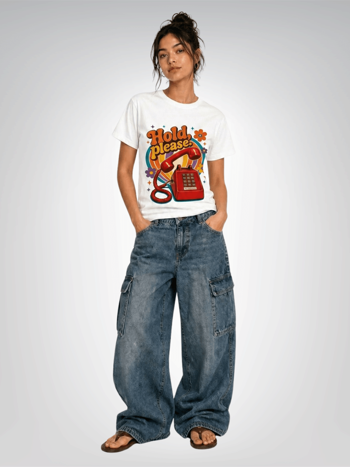 Hold Please - Retro Pushbutton Phone Heavyweight Unisex Tee