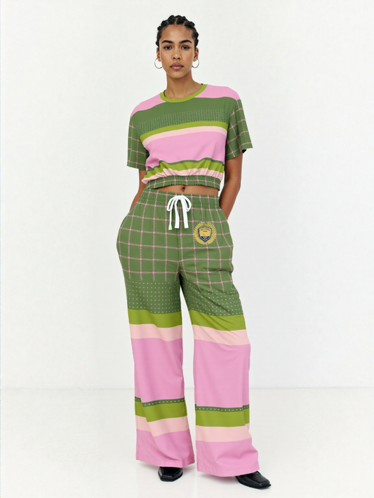 Hopscotch in Green and Pink Windowpane Eco-Poly Short Sleeve Cropped Pullover