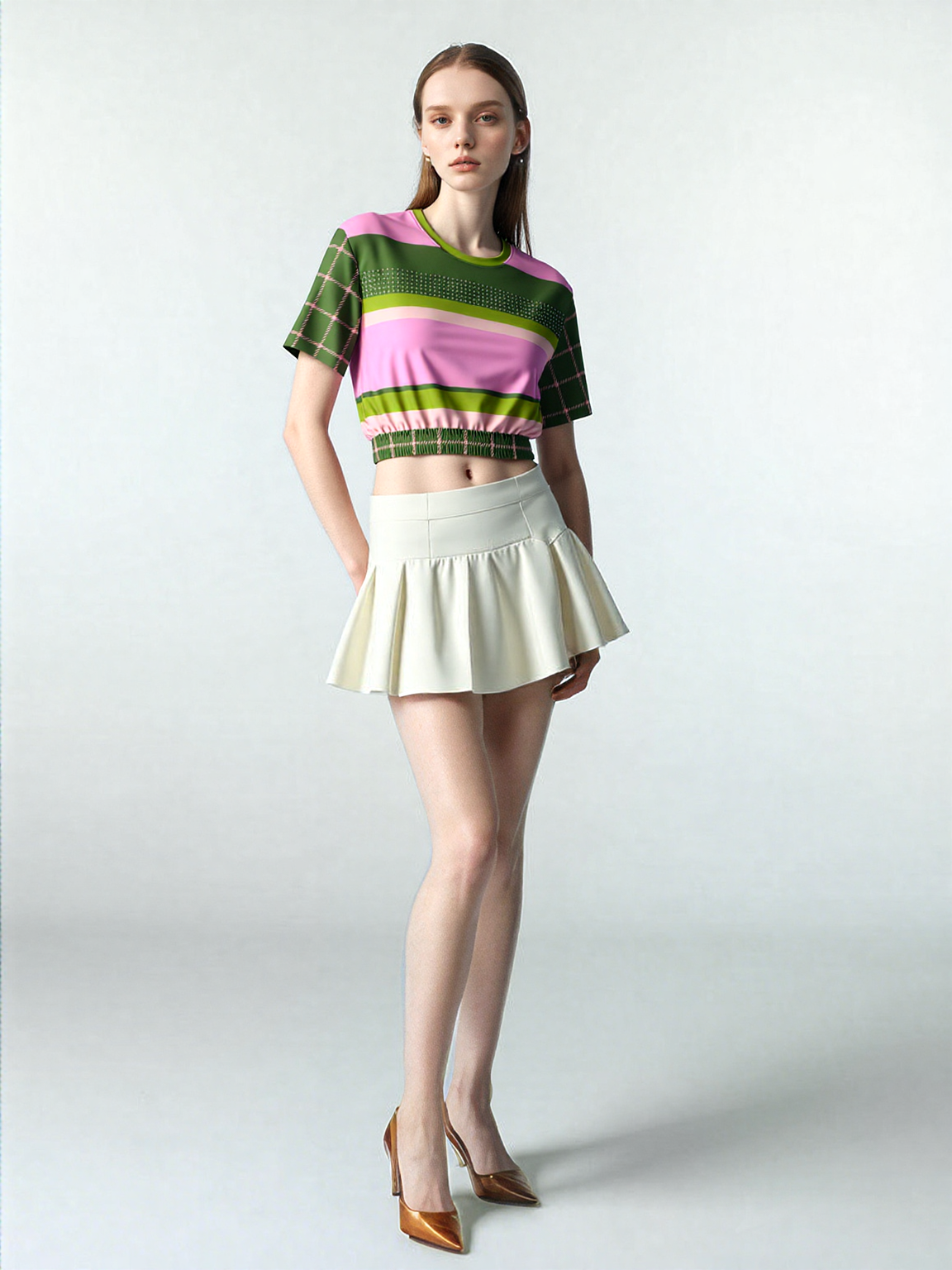Hopscotch in Green and Pink Windowpane Eco-Poly Short Sleeve Cropped Pullover