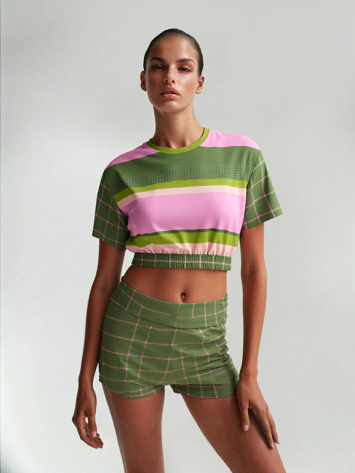 Hopscotch in Green and Pink Windowpane Eco-Poly Short Sleeve Cropped Pullover