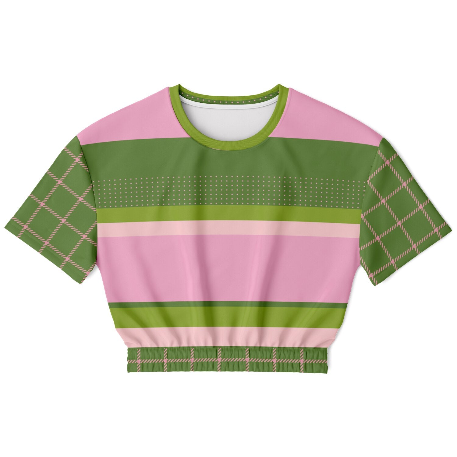 Hopscotch in Green and Pink Windowpane Eco-Poly Short Sleeve Cropped Pullover