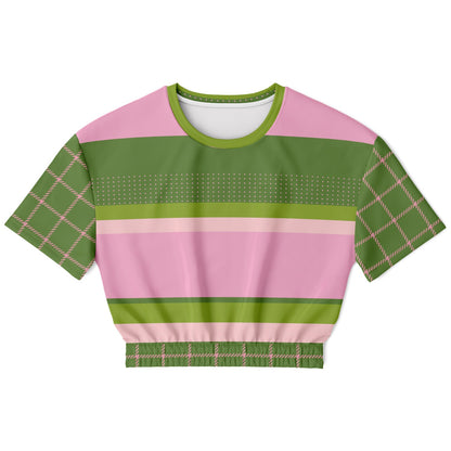 Hopscotch in Green and Pink Windowpane Eco-Poly Short Sleeve Cropped Pullover